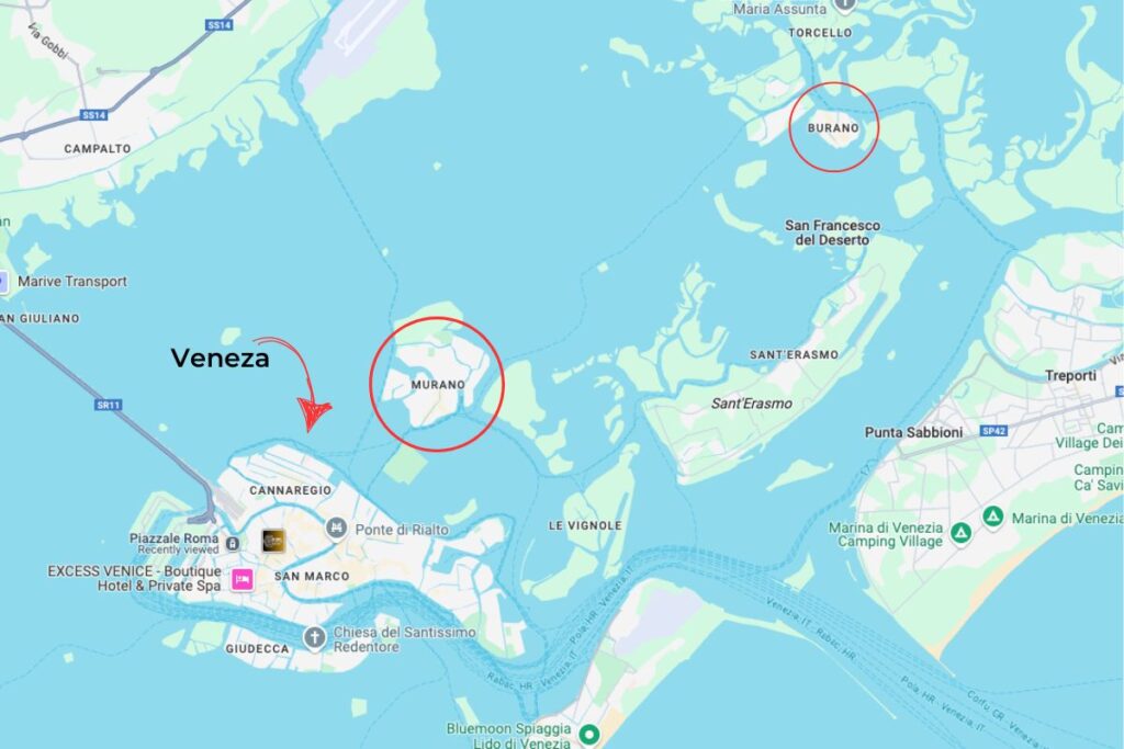 mapa de veneza, murano e burano