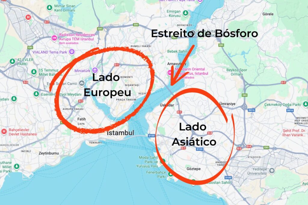 mapa de istambul mostrando a diferença do lado europeu e do lado asiatico